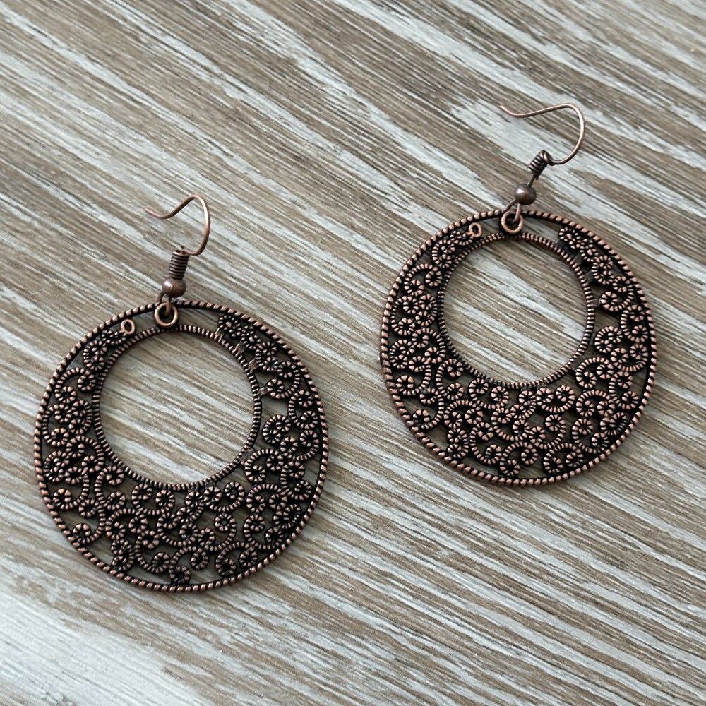 Cute Copper Tone Filigree Metal Hoop Dangles Pierced Earrings